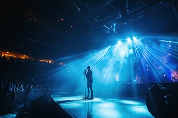 A Solo Performer on Stage Bathed in Blue Light