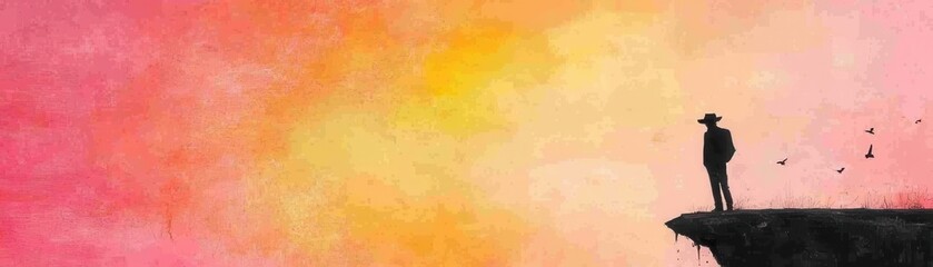 Obraz premium A solitary figure stands on the edge of a cliff, contemplating a vibrant sunset, symbolizing reflection and adventure.