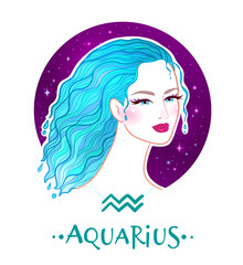 Vector colorful illustration of Aquarius zodiac sign female portrait with starry sky background