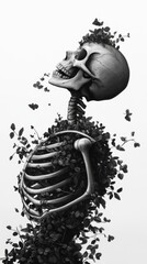 A striking monochromatic illustration of a skeleton entwined with delicate flowers, symbolizing life and death in a unique blend.