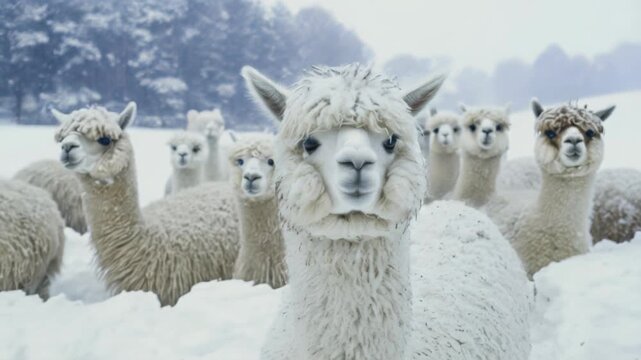 A cozy herd of alpacas playfully gathers in a snowy landscape, showcasing their fluffy coats and playful demeanor during winter