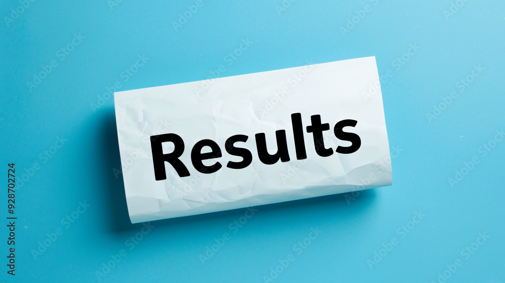Aufkleber close-up of a crumpled paper with the word results on a blue background
