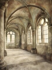 Ancient Stone Hallway With Archways And Windows