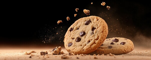 Delicious chocolate chip cookies with a sprinkle of crumbs, perfect for dessert or snack time, set against a dark background.