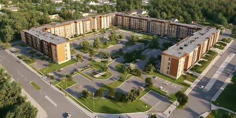 Fototapeta premium Aerial View of a Modern Apartment Complex with Green Space and Parking