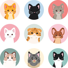 Simple and adorable cats circle icons set