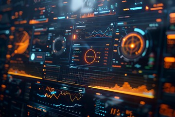 Close-up of futuristic digital interface with glowing orange and blue elements, displaying various charts, graphs, and data.