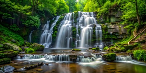 Obraz premium A stunning view of Spruce Flats Falls surrounded by lush greenery and cascading waters, waterfall, nature, scenic