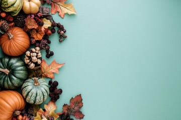 Fall Harvest Pumpkins, Gourds, and Leaves on Mint Background