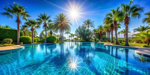 Palm Trees and Sun Reflecting on the Surface of a Crystal Clear Pool, Swimming Pool, Palm Trees, Resort, Luxury Vacation, Paradise