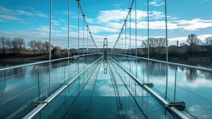 Obraz premium An elegant glass bridge spanning across a river, with reflections of the sky and water