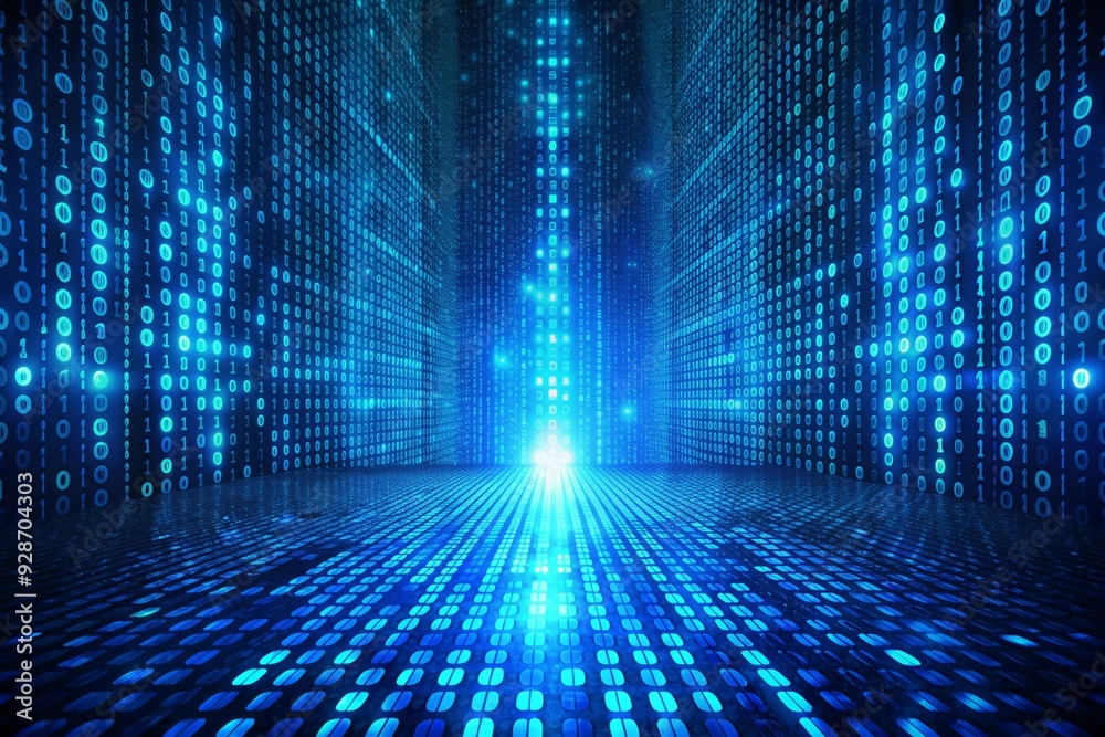 Fototapete blue digital binary data on computer screen background