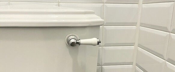 Typical English cistern of a toilet with a white, ergonomic ceramic handle. World Toilet Day. World Plumber Day