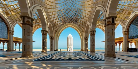 Obraz premium Interior of a Mosque with a View of the Ocean and a Minaret