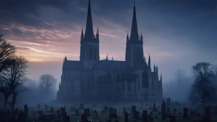 Gothic cathedral at dusk with towering spires and misty graveyard 