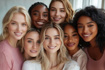 Fototapeta premium Beauty and unity, this diverse group of beautiful women of all skin tones and races together posing in the skin care ad campaign. A multiracial diverse group of women, inclusivity body, Generative AI