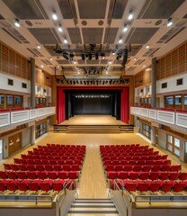 Naklejka premium Empty Auditorium with Red Seats and Stage