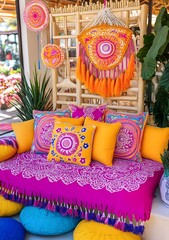 Colorful Bohemian Style Sofa With Pillows and Tassels