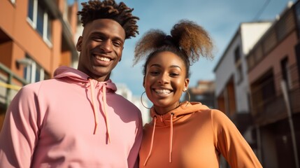 Naklejka premium Black woman and happy athlete pose together, 
