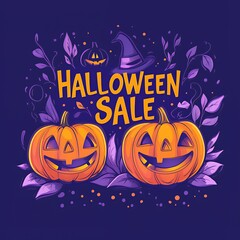 Two smiling pumpkins with a witch's hat and leaves, with the words 'Halloween Sale' in the middle, all against a dark blue background.