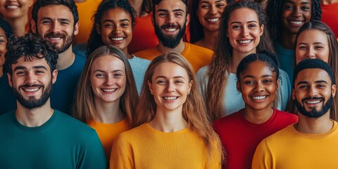 Collage of large group of smiling people composite portrait image gathered together reaching out each other 4g 5g connection contacting multiracial, Generative AI
