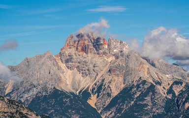 Obraz premium High cliffs of Dolomites against blue sky. Rock peaks. South Tyrol, Italy
