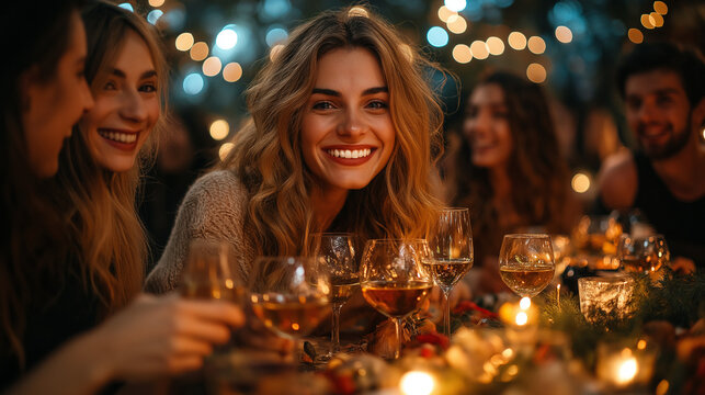Joyful Friends Celebrating at an Elegant Dinner Party with Festive Lights and Wine
