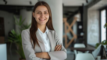 Fototapeta premium Confident businesswoman with crossed arms smiling in modern office, facing camera, embodying success in professional attire with sleek hairstyle.