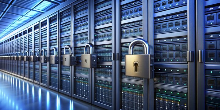 Secured Server Rack with Padlocks, Data Center Security, Network Infrastructure, Cyber Security, Cloud Computing