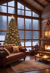 Fototapeta premium A cozy living room with a decorated Christmas tree, a tufted leather sofa, and a window overlooking a snowy outdoor scene, christmas' eve vibes background 