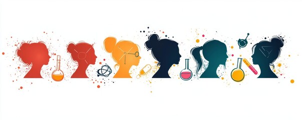International Day of Women and Girls in Science design. It features silhouette of women with several science element icon.  illustration, Generative AI