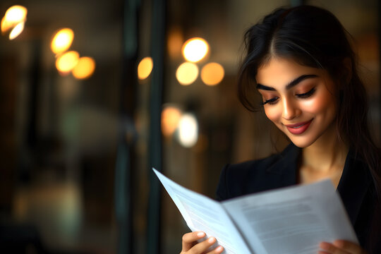 a indian brown-skinned woman with glossy lips, a beautiful model's face, brown hair, brown eyes, wearing formal attire smiles while reading documents in her office