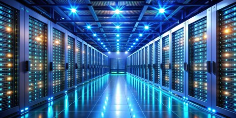 Server Room Corridor with Blue Lights, 3D Rendered, Data Center, Technology, Cloud Computing