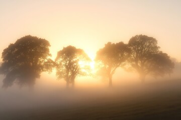 Fototapeta premium Silhouettes of Trees in a Foggy Sunrise