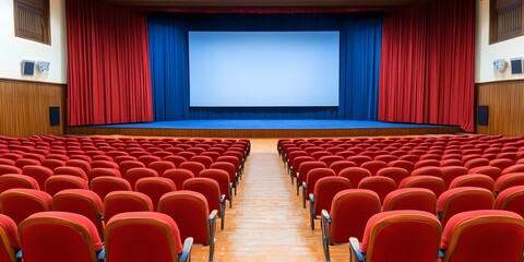 Fototapeta premium Empty Auditorium with Red Seats and Large Screen
