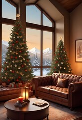 A cozy living room with a decorated Christmas tree, a tufted leather sofa, and a window overlooking a snowy outdoor scene, christmas' eve vibes background 