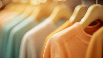 Obraz premium Beautifully arranged pastel clothing on hangers, showcasing modern fashion in a warm, inviting light.