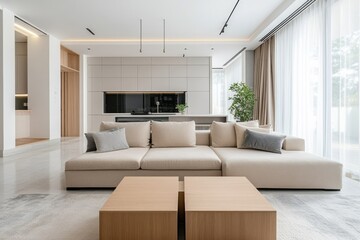 Modern Living Room with Beige Sofa, Wooden Coffee Table, and Large Windows