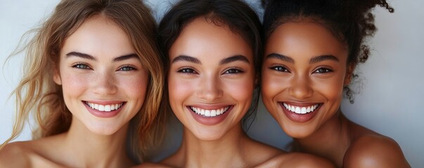 Fototapeta premium Cheerful multiethnic women with naked shoulders smiling at camera isolated on grey, banner, Generative AI