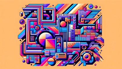 Obraz premium Y2K Aesthetic This vibrant and dynamic illustration showcases a captivating blend of geometric shapes, bold colors, and abstract elements, reminiscent of the Y2K aesthetic