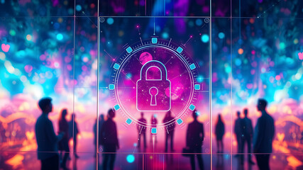 Lock Icon cyber security of digital data network protection. High speed connection data analysis. Technology data network conveying connectivity background concept.