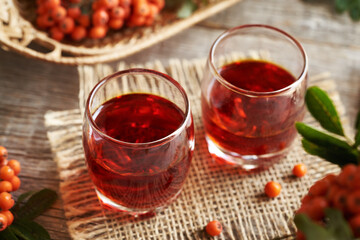 Homemade rowanberry syrup in two shot glasses