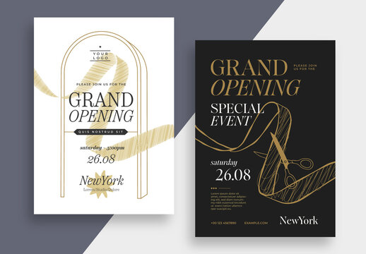 Grand Opening Event Poster Template with Gold Cut Ribbon and Scissors