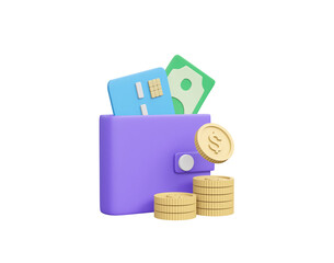 3D rendered illustration features icons of a wallet, credit card, banknotes, and dollar coins, symbolizing the various tools used in managing personal and consumer finance isolated on transparent 