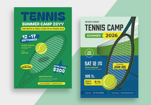 Tennis Camp Poster Layout with Racket and Ball