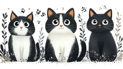 Three Adorable Cats with Big Eyes Surrounded by Foliage