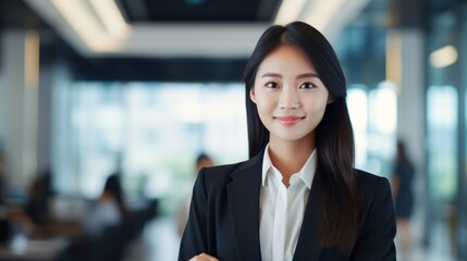 Naklejka premium Confident young Asian businesswoman in a modern office setting, 
