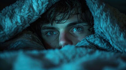 A close-up image featuring a young individual wrapped in a soft, textured blanket with intense, captivating blue eyes and subtle facial expressions, set against a dimly lit background