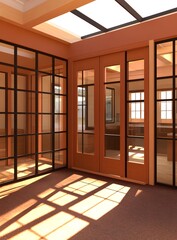 Obraz premium Modern Glass Doors with a Wooden Frame and Skylight