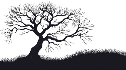 Fototapeta premium A silhouette of a bare tree standing tall against a white background, with grass at its base.